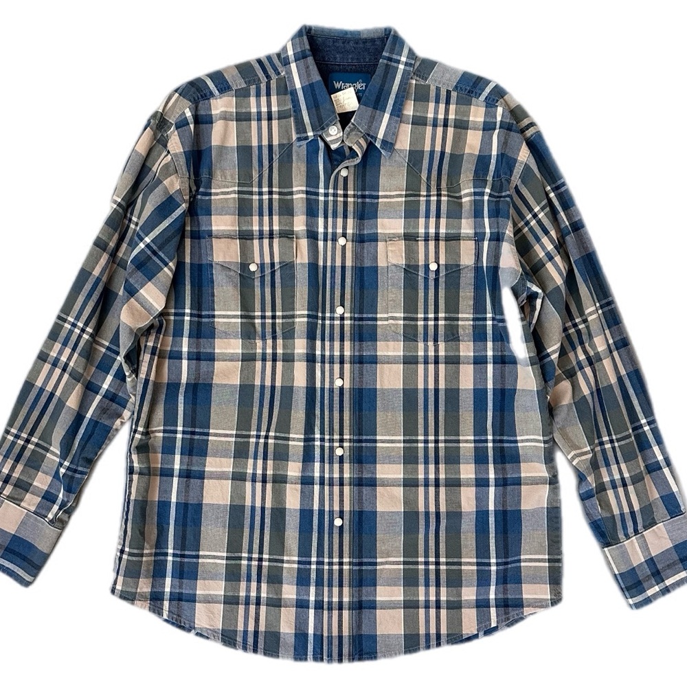 Wrangler Western Plaid pearl snap collared Casual long sleeve Button Down Shirt